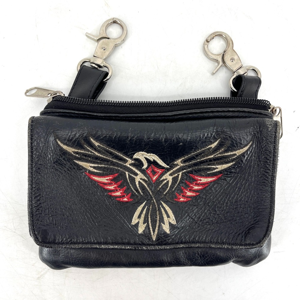Eagle‎ Biker Black Leather Belt Clip Riding Bag Purse Embroidered